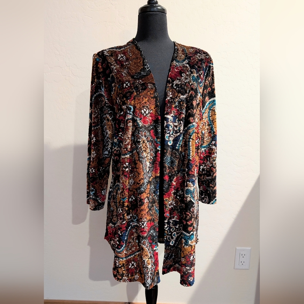 Slinky Brand Women's Velvety Soft Paisley Multi Color Open Front Cardigan Size L